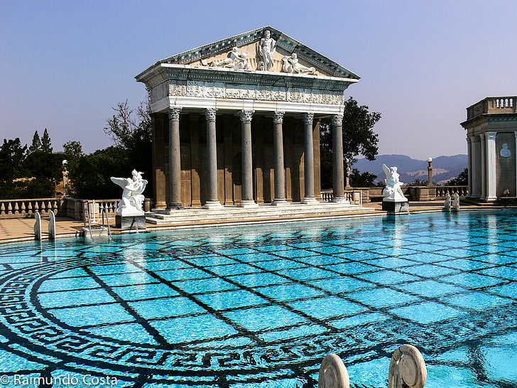 the sky, CA, columns, USA, architecture, Hearst Castle, San Simeon, the pool of Neptune, HD wallpaper