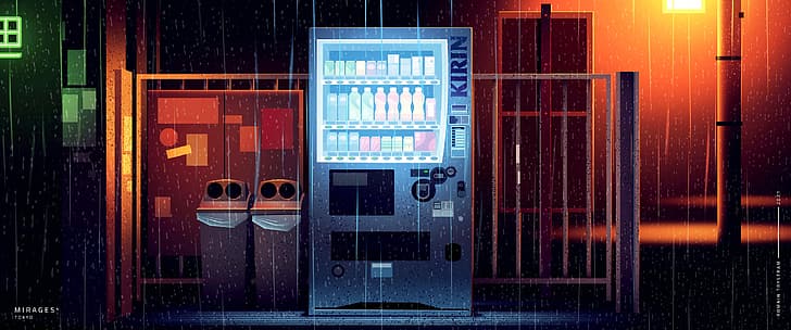 Ромен Тристрам, цифровое искусство, неон, огни, дождь, Токио, HD обои
