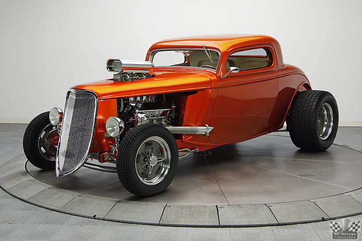 classic orange vehicle, Ford, Hot Rod, Coupe, Classic cars, TH350, Tan, 1933, Kandy Orange Glow, 468 V8, 3 Window, HD wallpaper