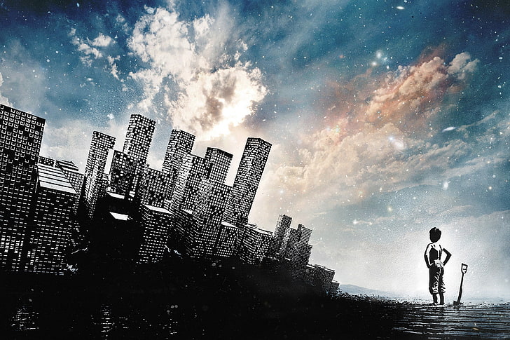 момче с лице към високи сгради тапет, небе, облаци, град, стил, дете, изкуство, лопата, мегаполис, HD тапет
