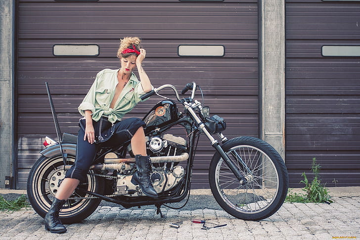 women, women with bikes, motorcycle, model, boots, HD wallpaper
