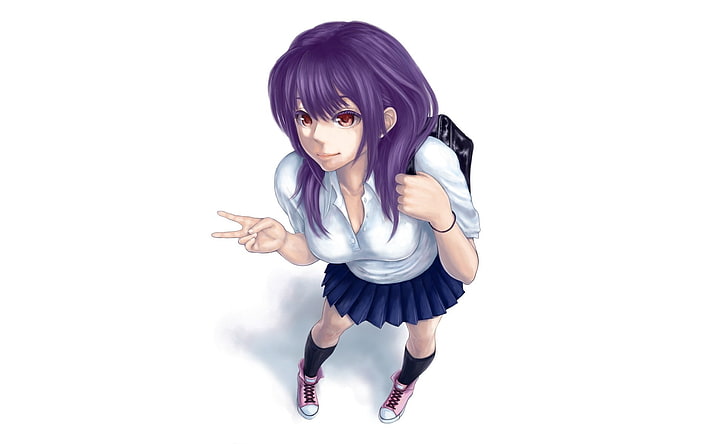 purple hair female character, girl, smile, white background, form, schoolgirl, bag, art, nakacha, HD wallpaper