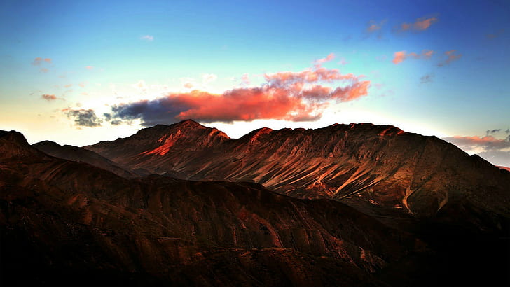 gunung, alam, pemandangan, pagi, awan, merah, biru, Wallpaper HD