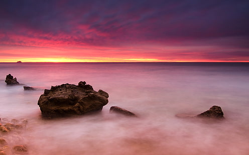 море, небо, пейзаж, природа, камни, фон, розовый, широкоформатные, обои, полноэкранные, HD обои, полноэкранные, HD обои HD wallpaper