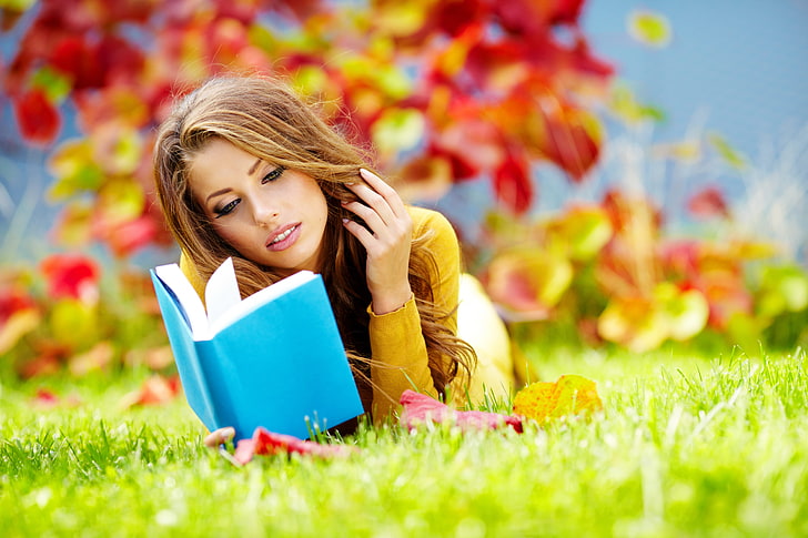 blue softbound book, girl, grass, autumn, book, reading, HD wallpaper