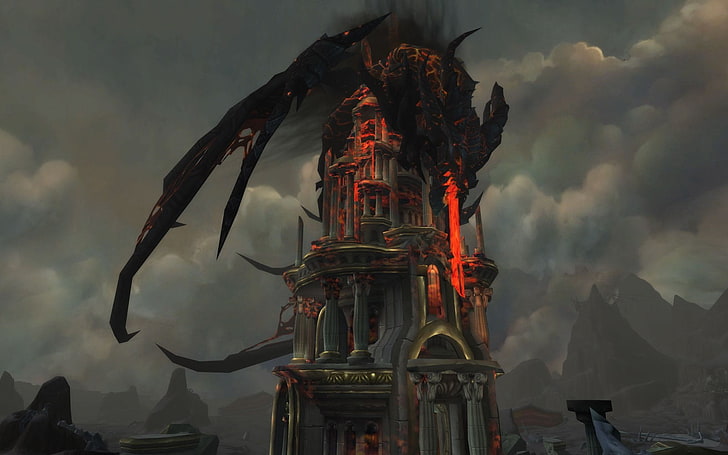 drago nero che distrugge lo sfondo digitale del castello, World of Warcraft, World of Warcraft: Cataclysm, videogiochi, Sfondo HD