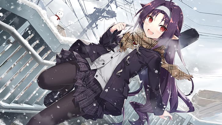 anime girls, Winter coat, winter, snow, pantyhose, smile, headband, HD wallpaper