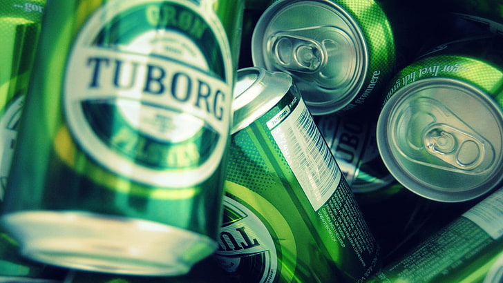 Tuborg vert étiqueté peut beaucoup, bière, Tuborg, danois, alcool, Fond d'écran HD
