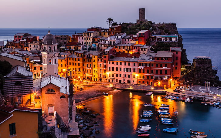 Vernazza, Italy, Cinque Terre, boats, buildings, night, Vernazza, Italy, Cinque, Terre, Boats, Buildings, Night, HD wallpaper