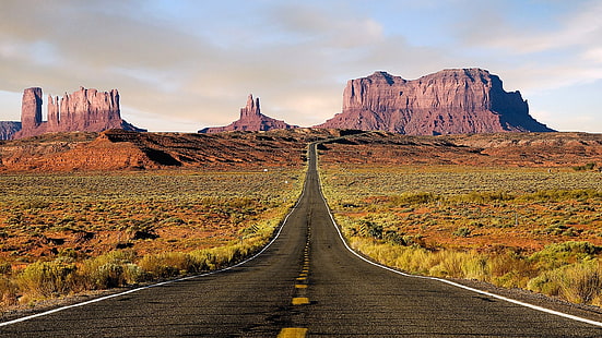 砂漠アメリカルート66道路モニュメントバレーアーキテクチャモニュメントHDアート、アメリカ、砂漠、道路、モニュメントバレー、ルート66、 HDデスクトップの壁紙 HD wallpaper