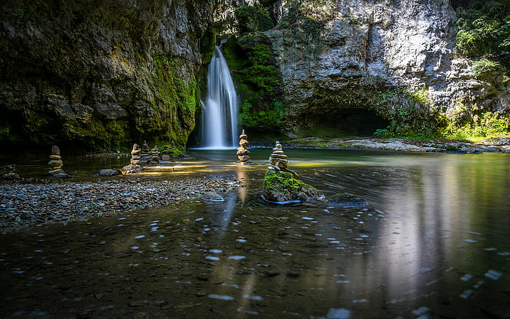 Waterfall River Rocks Stones Forest Moss HD, waterfalls, nature, forest, rocks, stones, river, waterfall, moss, HD wallpaper