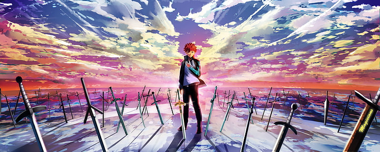Schicksal bleiben Nacht, Emiya Shirou, Schwerter, Jacke, Wolken, Anime, HD-Hintergrundbild HD wallpaper