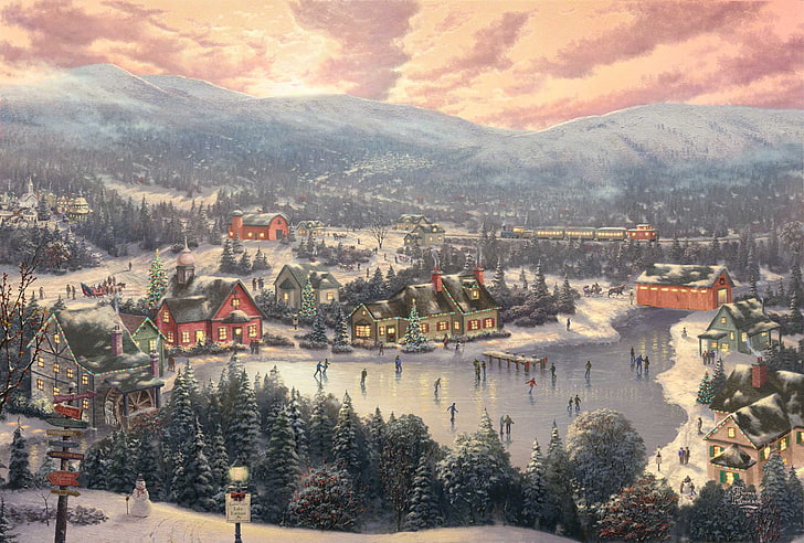 people on ice lake surrounded by trees painting, winter, forest, sunset, mountains, bridge, the city, lake, holiday, train, spruce, Christmas, mill, New year, snowman, rink, tree, town, painting, fabulous, Thomas Kinkade, Sunset on Snowflake Lake, HD wallpaper