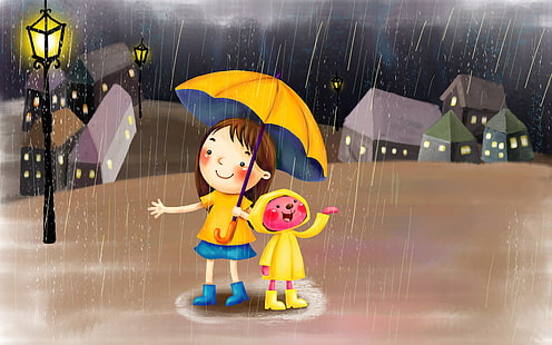 Карикатура Дете в дъжд, карикатури,, карикатура, дъжд, деца, чадър, фенер, HD тапет HD wallpaper