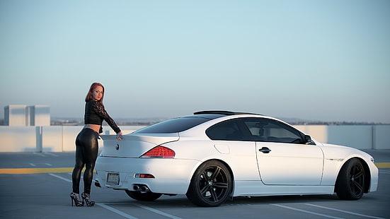 white coupe, women with cars, leggings, pumps, HD wallpaper HD wallpaper