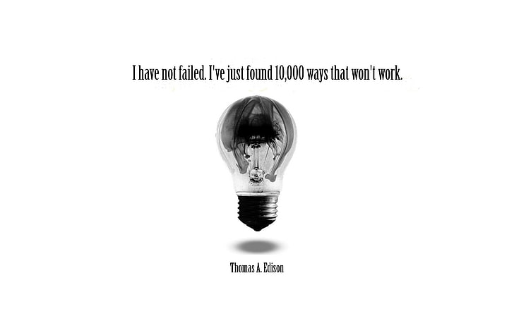 light bulb with text overlay, Thomas Alva Edison, lamp, text, quote, lightbulb, white background, artwork, typography, HD wallpaper