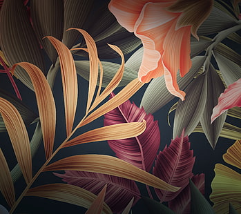 carta da parati digitale con fiori beige, grigi e arancioni, foglie, fiori, Huawei Mate 10, Stock, HD, Sfondo HD HD wallpaper
