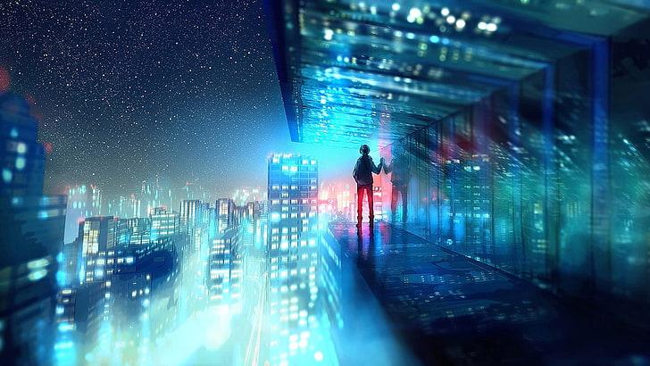 person standing on building overlooking high-rise buildings at nighttime animation wallpaper, man in shade during nighttime, Yuumei, artwork, city, night, cityscape, depth of field, HD wallpaper