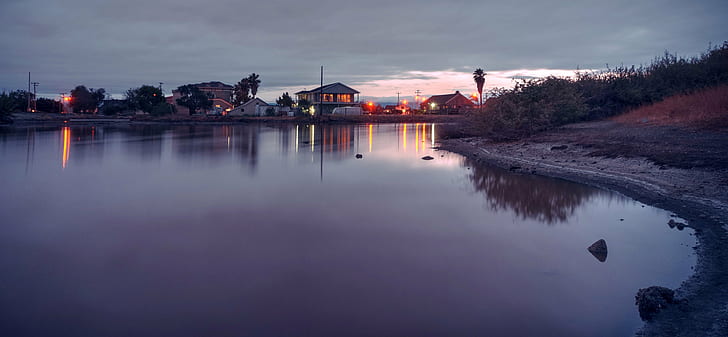 body of water near house during sunset, Silent night, body of water, house, sunset, Alviso  California, salt pond, slough, RAW, NEX-6, Photomatix, San Francisco Bay, HDR, County Park, Silicon Valley, reflection, outdoor, night, water, nature, HD wallpaper