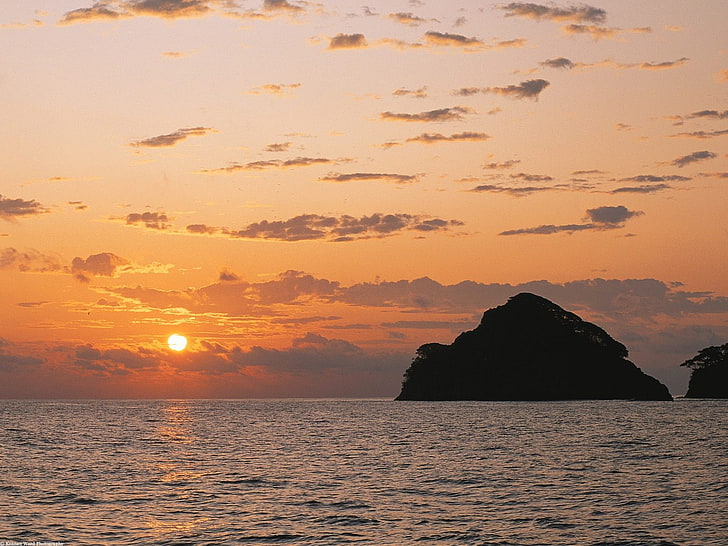 côte, coucher de soleil, mer, île, silhouette, Fond d'écran HD