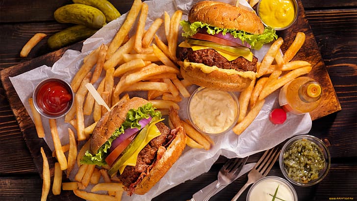 food, Fries, burger, meat, salad, HD wallpaper