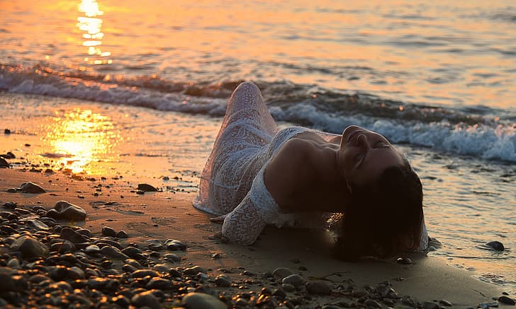 sea, girl, sunset, pose, mood, pebbles, HD wallpaper