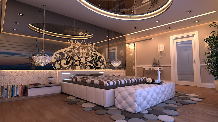 marco de cama de madera blanca, diseño de interiores, estilo, Estambul, baño, dormitorio, cama, iluminación, libros, espejo, Fondo de pantalla HD