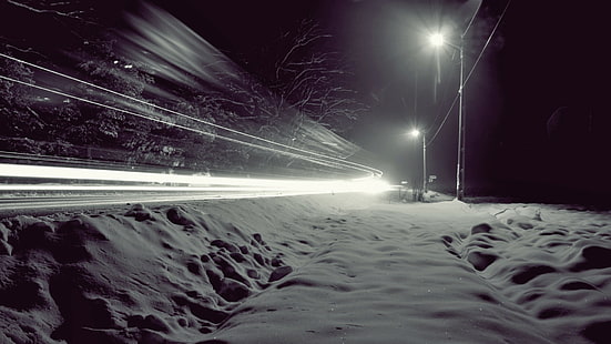 nieve, larga exposición, tráfico, luces, noche, invierno, Fondo de pantalla HD HD wallpaper