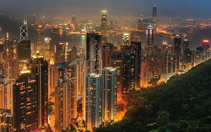 香港の夜、街の明かりのイラスト、世界、1920x1200、香港、アジア、 HDデスクトップの壁紙