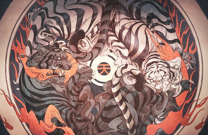 white tigers, Yin and Yang, fire, HD wallpaper