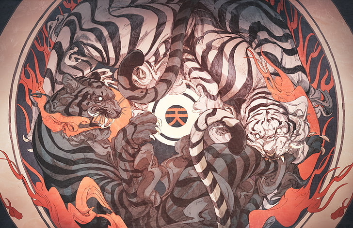 mångfärgade dekorativa tallrikar, Yin och Yang, vita tigrar, eld, HD tapet