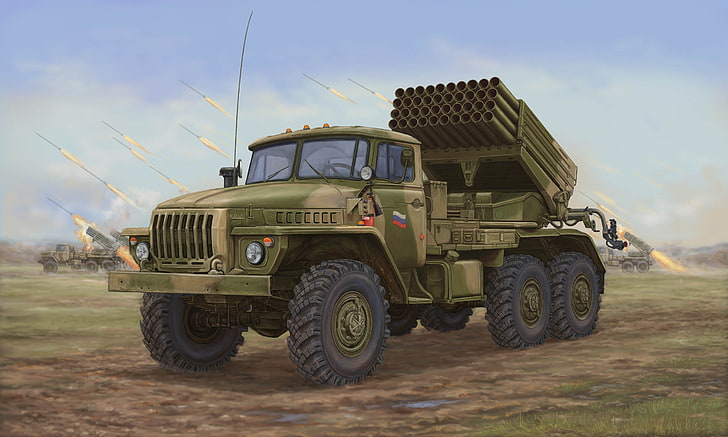 green camouflage missile luncher vehicle, art, artist, Russia, power, combat, system, various, Soviet, Ural, fire, live, caliber, database, defeat, MLRS, car, conditions, open, designed, jet, Grad, volley, BM-21, Vincent Wai., environment, 9К51, 122 mm., cargo, sheltered, HD wallpaper