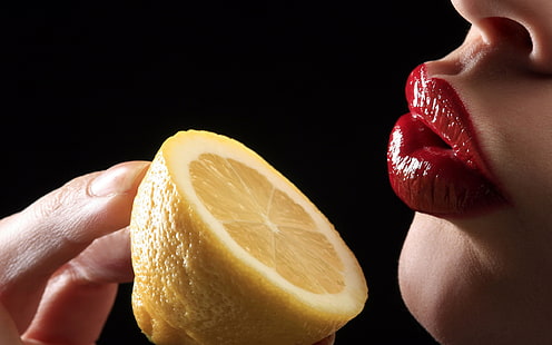 irisan lemon, makanan, bibir, lemon, lipstik merah, Wallpaper HD HD wallpaper