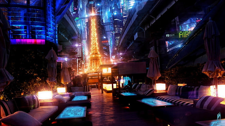 خلفية رقمية للمباني المضاءة ، برج إيفل ، باريس أثناء الليل ، اليابان ، ملونة ، فن رقمي ، سايبر بانك ، استرخاء ، بار ، أريكة ، طاولة ، نسخة طبق الأصل من برج إيفل ، مستقبلية ، مدينة مستقبلية ، مدينة ، أكيموف ميخائيل ، باريس، خلفية HD