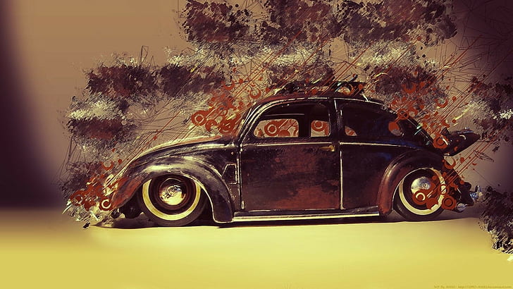 artwork, car, Classic Car, digital art, lines, Low Rider, old Car, Paint Splatter, painting, volkswagen, Volkswagen Beetle, Wheels, HD wallpaper
