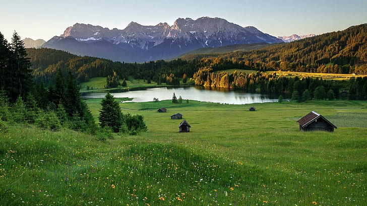 Meadow Lake en los Alpes, cabañas, lagos, praderas, montañas, naturaleza y paisajes, Fondo de pantalla HD