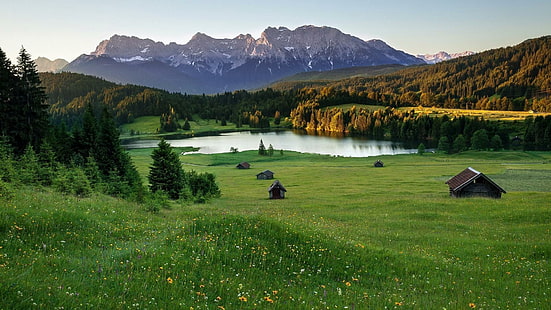Ливадно езеро в Алпите, хижи, езера, ливада, планини, природа и пейзажи, HD тапет HD wallpaper