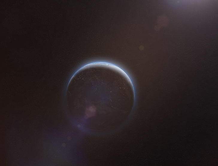 round black and gray metal tool, space, planet, lens flare, HD wallpaper