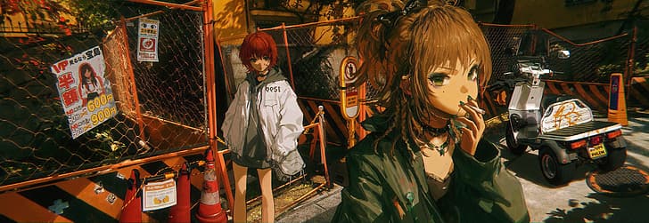 Anime, Anime Girls, Rauchen, Rotschopf, grüne Augen, grüne Nägel, Motorroller, kurze Haare, lange Haare, Jacke, HD-Hintergrundbild