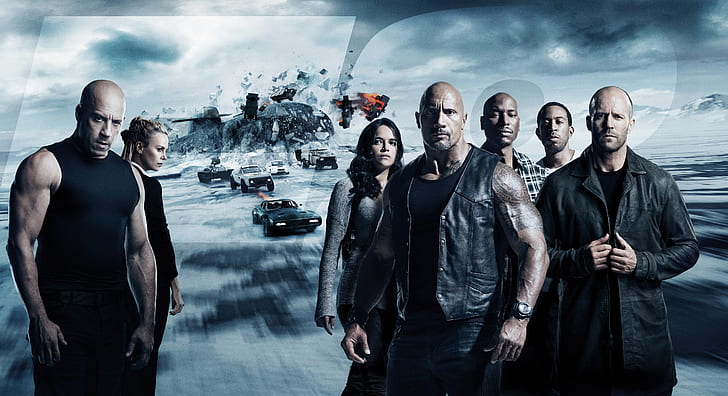 Fast and Furious, The Fate of The Furious, Charlize Theron, Dwayne Johnson, Jason Statham, Ludacris, Michelle Rodriguez, Tyrese Gibson, Vin Diesel, HD wallpaper