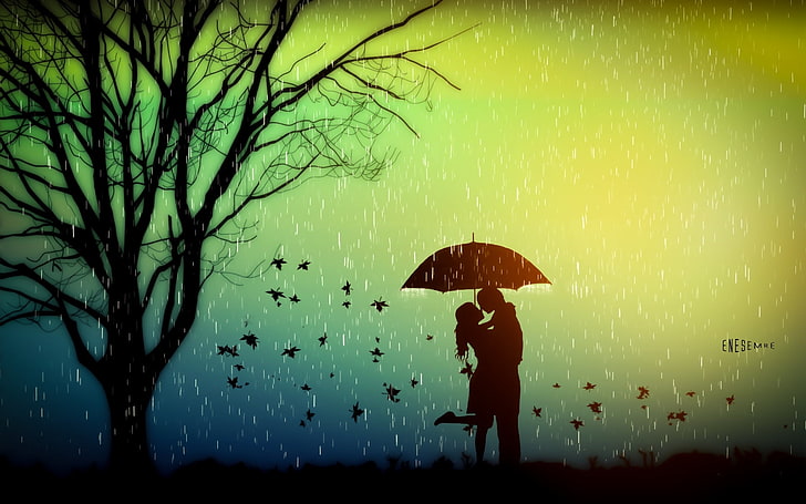 femme et homme sous parapluie, automne, feuilles, amour, pluie, arbre, humeur, romance, parapluie, amoureux, Fond d'écran HD