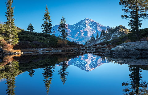 trees, mountains, lake, reflection, CA, California, Heart Lake, The cascade mountains, Mount Shasta, Cascade Range, HD wallpaper HD wallpaper