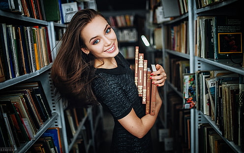 women, Evgeny Freyer, smiling, books, portrait, HD wallpaper HD wallpaper