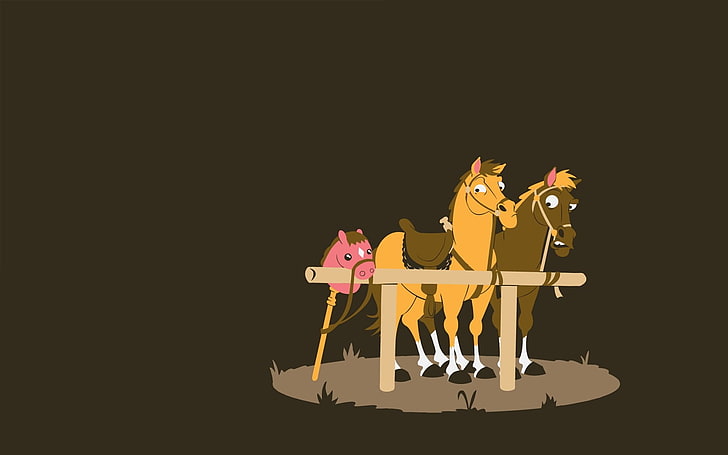 Cyfrowa tapeta dwa brązowe konie, humor, minimalizm, koń, brązowe tło, rysunek, Tapety HD