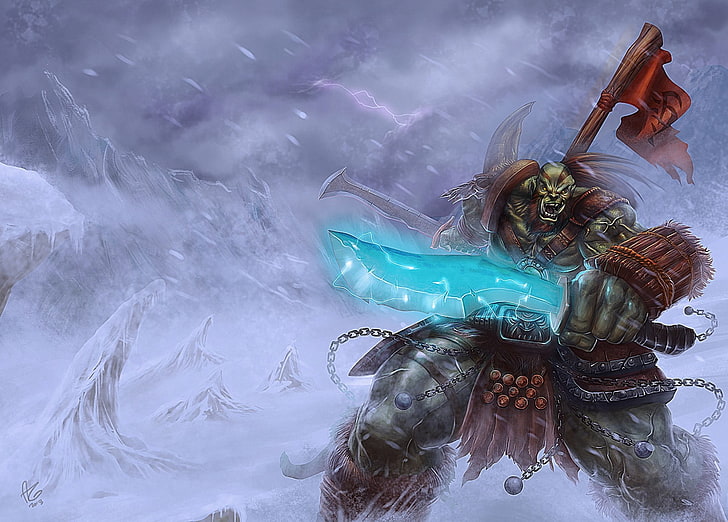орк, който държи тапет за оръжие, world of warcraft, орк, банер, сняг, меч, HD тапет