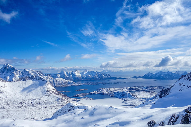 paisaje, agua, montañas, nieve, Fondo de pantalla HD