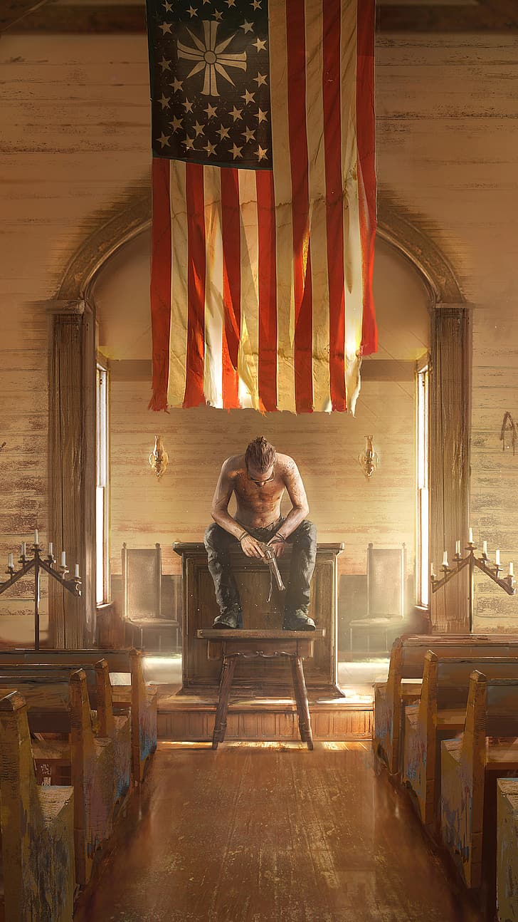 Far Cry 5, video games, Ubisoft, flag, 2018 (Year), gun, weapon, Joseph Seed, church, HD wallpaper