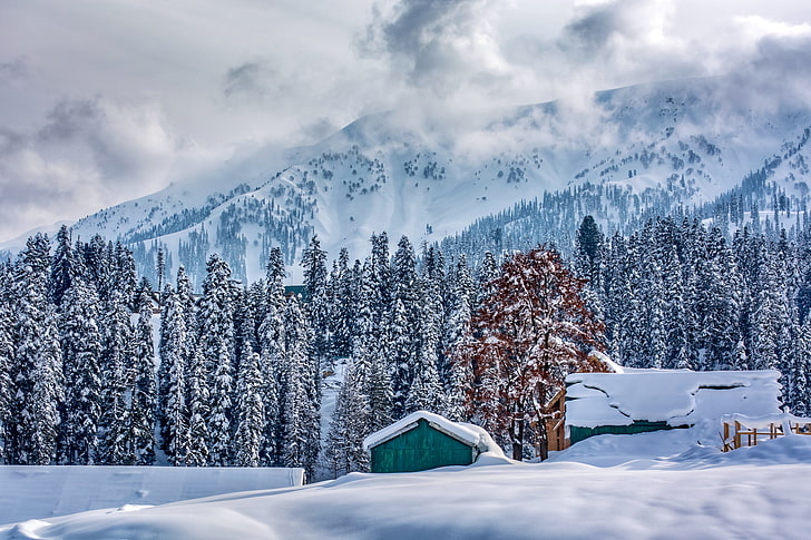 karla kaplı ev, Himalayalar, keşmir, dağlar, kış, HD masaüstü duvar kağıdı