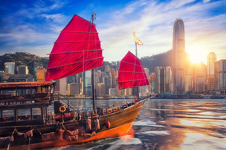 China, navio, construção, Hong Kong, arranha-céus, porto, lixo, Victoria Harbour, The Victoria Harbour, HD papel de parede