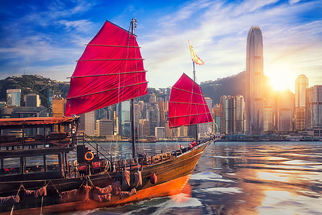 Chiny, statek, budynek, Hongkong, drapacze chmur, port, śmieci, Port Wiktorii, Port Wiktorii, Tapety HD HD wallpaper